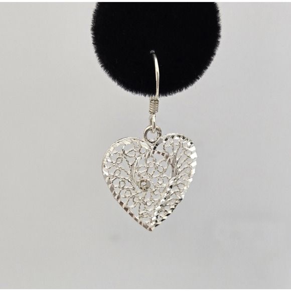Vintage Sterling Silver Heart Earrings Diamond Cut Open Work Ornate Boho Classic - Picture 5 of 13